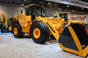 Hyundai Construction Equipment Americas unveils its HL975 wheel loader during ConExpo-Con/Agg. Photo by Megan Smalley