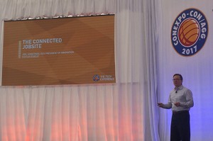 Joel Honeyman, vice president of innovation at Doosan Bobcat, discusses the future of jobsites during a Tech Talks presentation at ConExpo-Con/Agg 2017. Photo by Megan Smalley