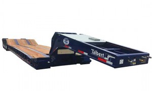 Talbert Manufacturing’s 55CC/RP trailer offers a concentrated load rating of 55 tons in 12.5 feet of deck, allowing owners to haul a variety of equipment, including rollers, pavers, excavators and dozers front view. Photo courtesy of Talbert Manufacturing. 