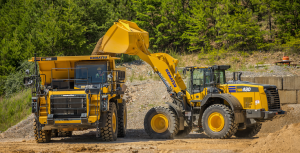 Designed to be a three-pass match for loading aggregate and other processed materials onto highway trucks, the Komatsu WA480-8 yard loader has more than 1,400 pounds of added counterweight for increased bucket capacity and stability. Photo: Komatsu