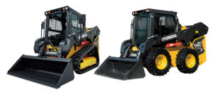 The recently introduced Hyundai HS120V skid steer loader, right, and the HT100V compact track loader represent Hyundai’s reentry into these compact equipment categories. Photo: Hyundai