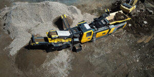 The R5e impact crushing plant has an inlet opening of 31 in. x 41 in. and is driven by a 200-kW electric motor. Photo: Keestrack