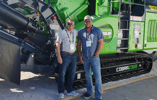 Gerald McCarthy of Powerscreen Western, left, and Cody White, founder of Outlaw Excavating, right, met up at ConExpo-Con/Agg earlier this year. Photo: EvoQuip