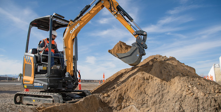 Case's new CX25EV all-electric mini excavator, slated to launch in 2024, will offer zero on-site emissions, minimal noise and reduced maintenance costs, the company says. Photo: Case Construction Equipment